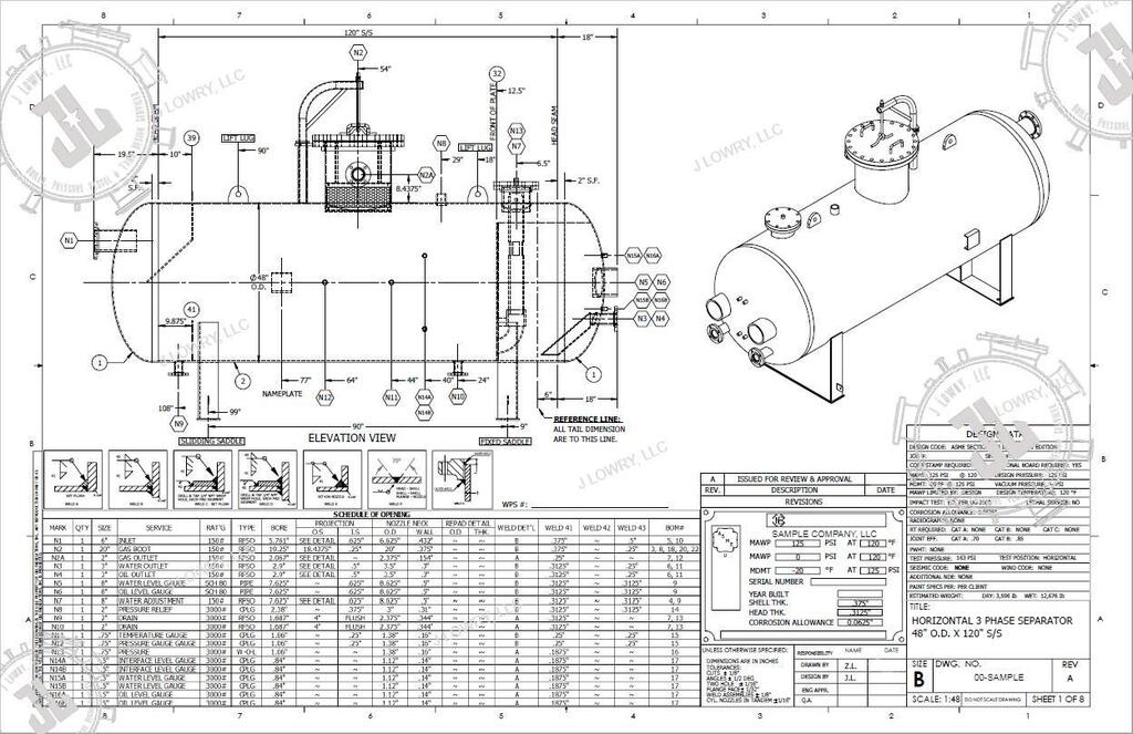 J Lowry LLC ASME Pressure Vessel Drawing of a 3-Phase Separator