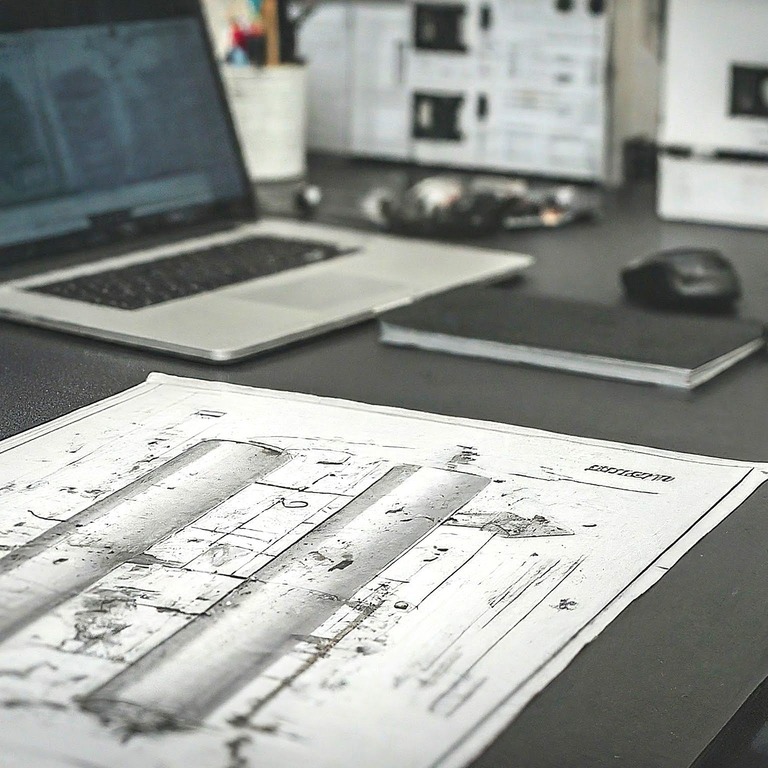 AI-Generated picture of a computer with a blueprint on desk